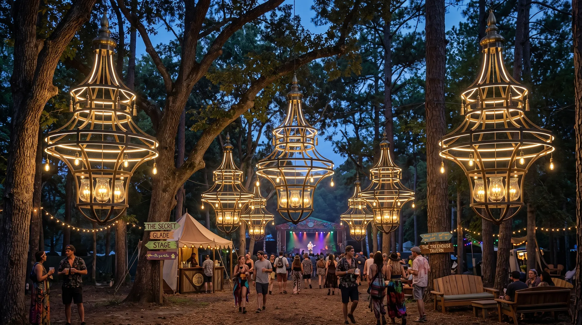 Illuminated chandeliers lighting a festival pathway at dusk