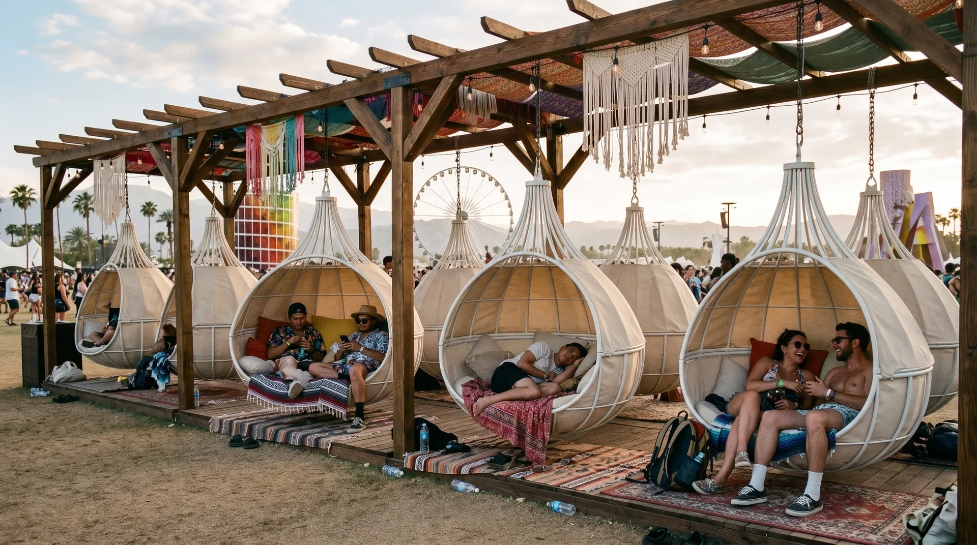 Bohemian lounge with hanging pod chairs and string lights under a stretch tent