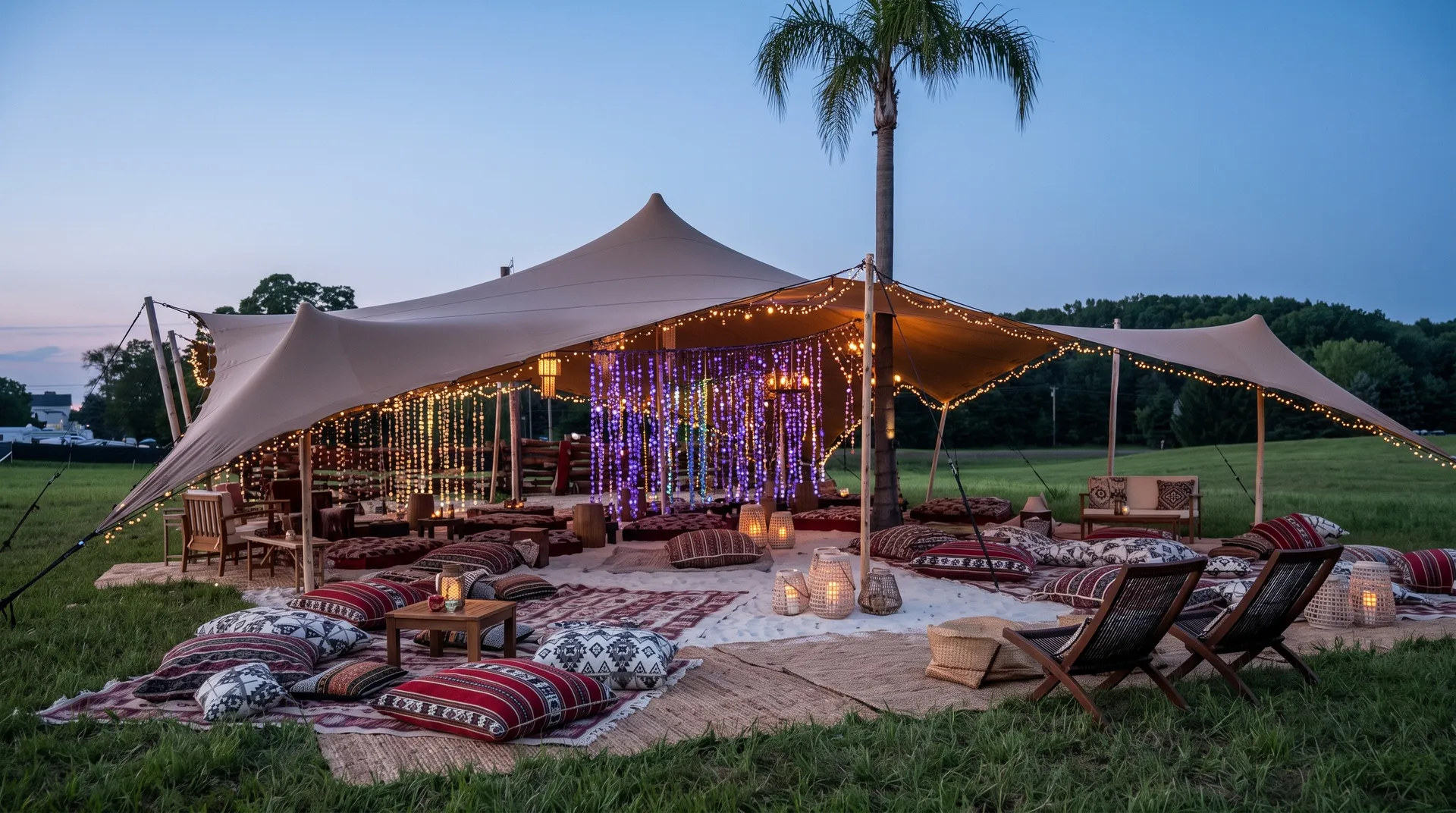Bohemian festival lounge under a stretch tent at night