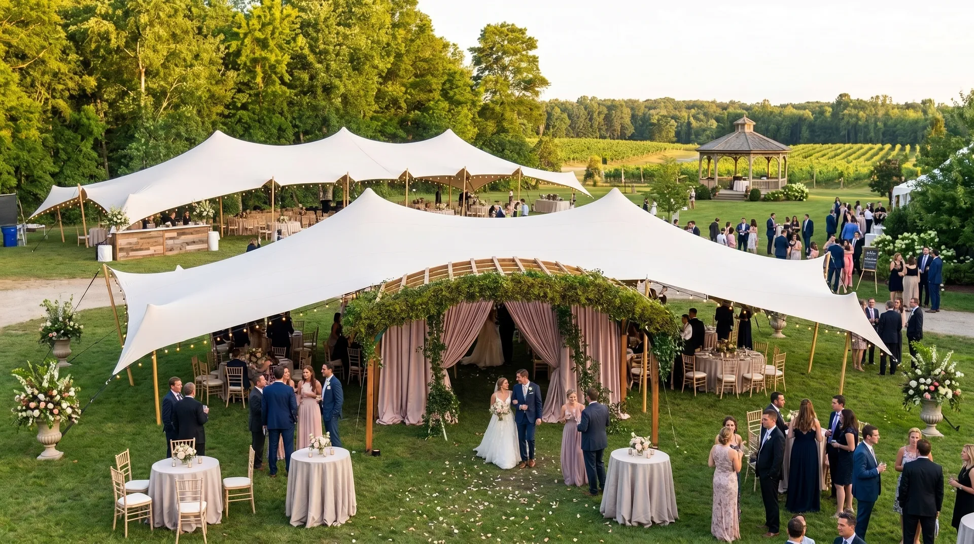 Aerial view of a wedding reception under Pop Pro stretch tents at golden hour