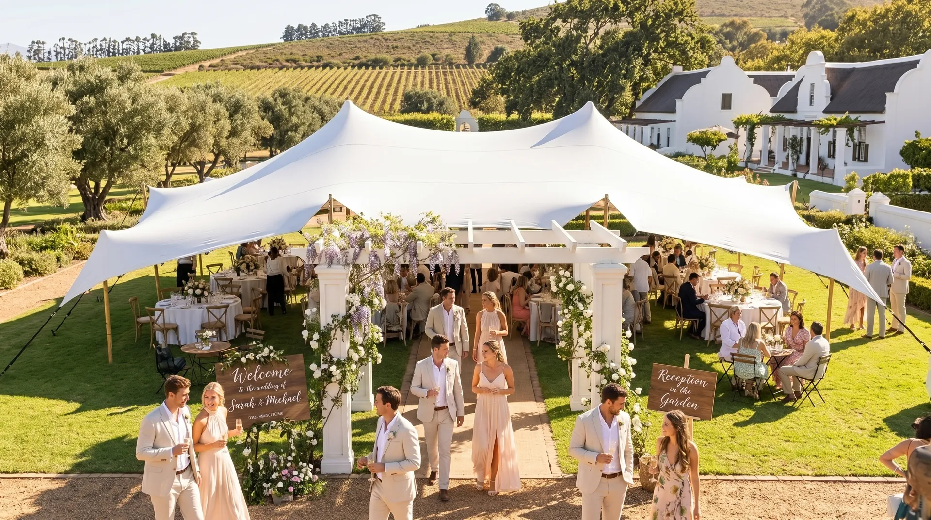 Wedding celebration under a Pop Pro Tents stretch tent